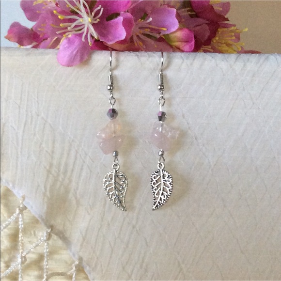 🌸 3PC EARRINGS RING NECKLACE ROSE QUARTZ SET BOHO CHIC BUNDLE BOHEMIAN SILVER - Picture 4 of 6